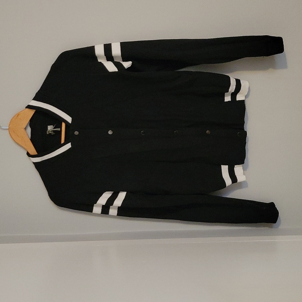 MONO B~ Cardigan with Snap Buttons, Black with White Strip Details, S